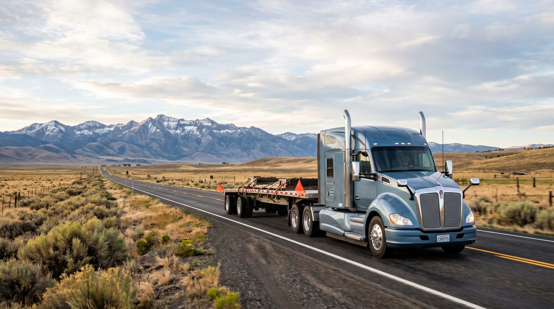 Evans Trucking semi with flatbed trailer on a rural Surprise Valley highway at sunrise