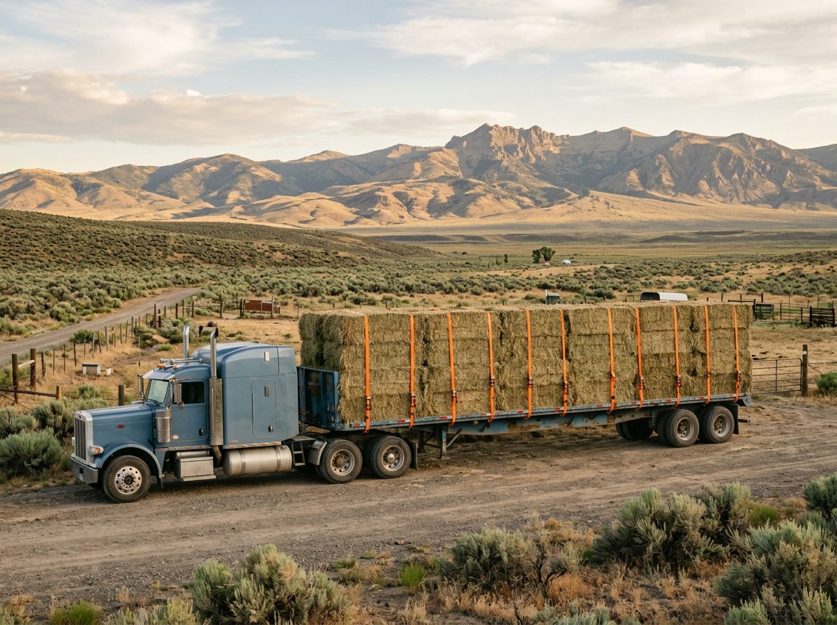 Flatbed trailer loaded with strapped hay bales in Surprise Valley