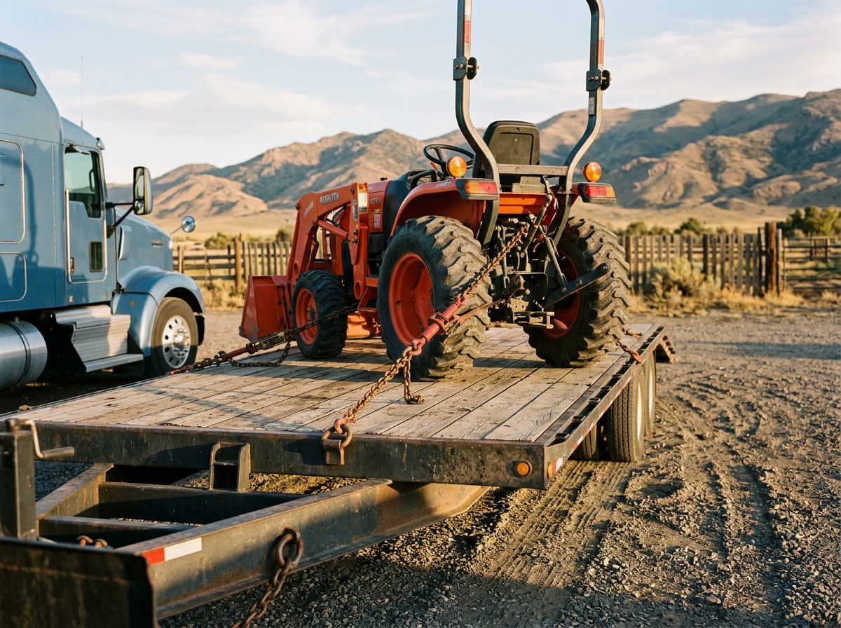 Compact tractor chained down on a step-deck trailer at a ranch yard